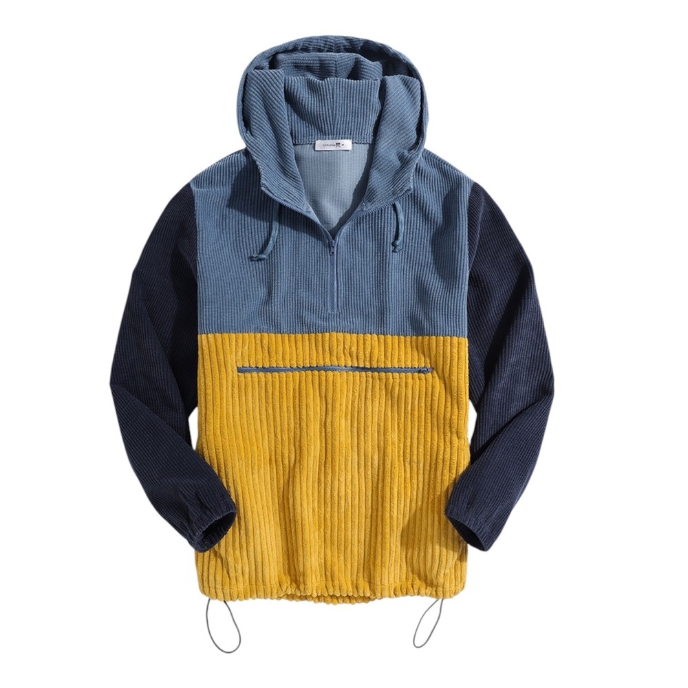 Charmkpr Retro 90s Style Colorblock Corduroy Anorak Hoodie Blue Yellow Men Large